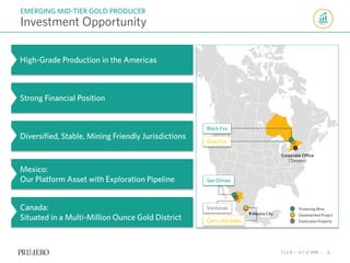 TSX P | NYSE PPP | 3
Investment Opportunity
EMERGING MID-TIER GOLD PRODUCER
Corporate Office
(Toronto)
Producing Mine
Development Project
Exploration Property
Black Fox
Grey Fox
San Dimas
Cerro Del Gallo
Ventanas
Mexico City
High-Grade Production in the Americas
Diversified, Stable, Mining Friendly Jurisdictions
Strong Financial Position
Mexico:
Our Platform Asset with Exploration Pipeline
Canada:
Situated in a Multi-Million Ounce Gold District
 