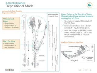 TSX P | NYSE PPP | 31
Depositional Model
BLACK FOX COMPLEX
Colvine et al. (1988)
Troop (1985)
Archean Lode Gold Deposits
Depositional Model
147 &Contact
Zones
• Mineralization
predominantly in
stockwork structures
Black Fox Mine
• Mineralization
predominantly in
vein structures
Producing & Past-
Producing Mines
Ross Mine Composite Level Plans
Upper Portion of the Ross Mine Shows
Mineralization Characteristics Similar to
the Grey Fox 147 Zone
• Ross Mine is located 3 km south of
the 147 Zone
• Ross Mine produced over 1 million
ounces at 4.7 g/t average grade.
• Note the change in ore body shape
over a vertical range of 1 km as one
moves from a brittle to a ductile
environment.
 