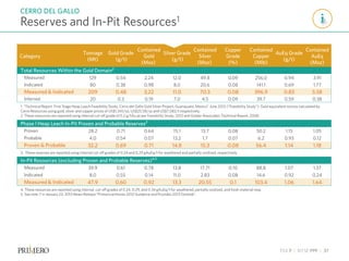 TSX P | NYSE PPP | 37
Reserves and In-Pit Resources1
CERRO DEL GALLO
1. “Technical Report First Stage Heap Leach Feasibility Study, Cerro del Gallo Gold Silver Project, Guanajuato, Mexico” June 2012 (“Feasibility Study”). Gold equivalent ounces calculated by
Cerro Resources using gold, silver and copper prices of US$1,341/oz, US$25.58/oz and US$7,582/t respectively.
2. These resources are reported using internal cut-off grade of 0.2 g/tAu as per Feasibility Study, 2012 and Golder Associates Technical Report, 2008.
Phase I Heap Leach In-Pit Proven and Probable Reserves3
Proven 28.2 0.71 0.64 15.1 13.7 0.08 50.2 1.15 1.05
Probable 4.0 0.54 0.07 13.2 1.7 0.07 6.2 0.93 0.12
Proven & Probable 32.2 0.69 0.71 14.8 15.3 0.08 56.4 1.14 1.18
In-Pit Resources (excluding Proven and Probable Reserves)4,5
Measured 39.9 0.61 0.78 13.8 17.71 0.10 88.8 1.07 1.37
Indicated 8.0 0.55 0.14 11.0 2.83 0.08 14.6 0.92 0.24
Measured & Indicated 47.9 0.60 0.92 13.3 20.55 0.1 103.4 1.06 1.64
Category
Tonnage
(Mt)
Gold Grade
(g/t)
Contained
Gold
(Moz)
Silver Grade
(g/t)
Contained
Silver
(Moz)
Copper
Grade
(%)
Contained
Copper
(Mlb)
AuEq Grade
(g/t)
Contained
AuEq
(Moz)
Total Resources Within the Gold Domain2
Measured 129 0.54 2.24 12.0 49.8 0.09 256.0 0.94 3.91
Indicated 80 0.38 0.98 8.0 20.6 0.08 141.1 0.69 1.77
Measured & Indicated 209 0.48 3.22 11.0 70.3 0.08 396.9 0.83 5.58
Inferred 20 0.3 0.19 7.0 4.5 0.09 39.7 0.59 0.38
3. These reserves are reported using internal cut-off grades of 0.24 and 0.29 gAuEq/t for weathered and partially oxidized, respectively.
4. These resources are reported using internal cut-off grades of 0.24, 0.29, and 0.34 gAuEq/t for weathered, partially oxidized, and fresh material resp.
5. See note 7 in January 23, 2013 News Release “Primero achieves 2012 Guidance and Provides 2013 Outlook”.
 