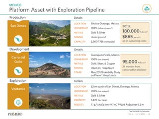 TSX P | NYSE PPP | 8
Production Details
LOCATION Guanajuato State, Mexico
OWNERSHIP 100% (no stream)
METALS Gold, Silver, & Copper
MINING Open pit, Heap leach
STAGE May 2012 Feasibility Study
on Phase 1 Heap Leach
Development Details
LOCATION 32km south of San Dimas, Durango, Mexico
OWNERSHIP 100% (no stream)
METALS Gold & Silver
PROPERTY 3,470 hectares
RESULTS 7.1 g/t AuEq over 9.7 m, 7.9 g/t AuEq over 6.2 m
Exploration Details
LOCATION Sinaloa-Durango, Mexico
OWNERSHIP 100% (silver stream4)
METALS Gold & Silver
MINING Underground
CAPACITY 2,500 TPD (nameplate)
2015E
180,000AuEq oz4
$865 per oz5,6
all-in sustaining costs
San Dimas
Ventanas
Cerro del
Gallo 95,000AuEq oz 4
24 months from
construction decision
MEXICO
Platform Asset with Exploration Pipeline
*See final slide for footnotes.
 