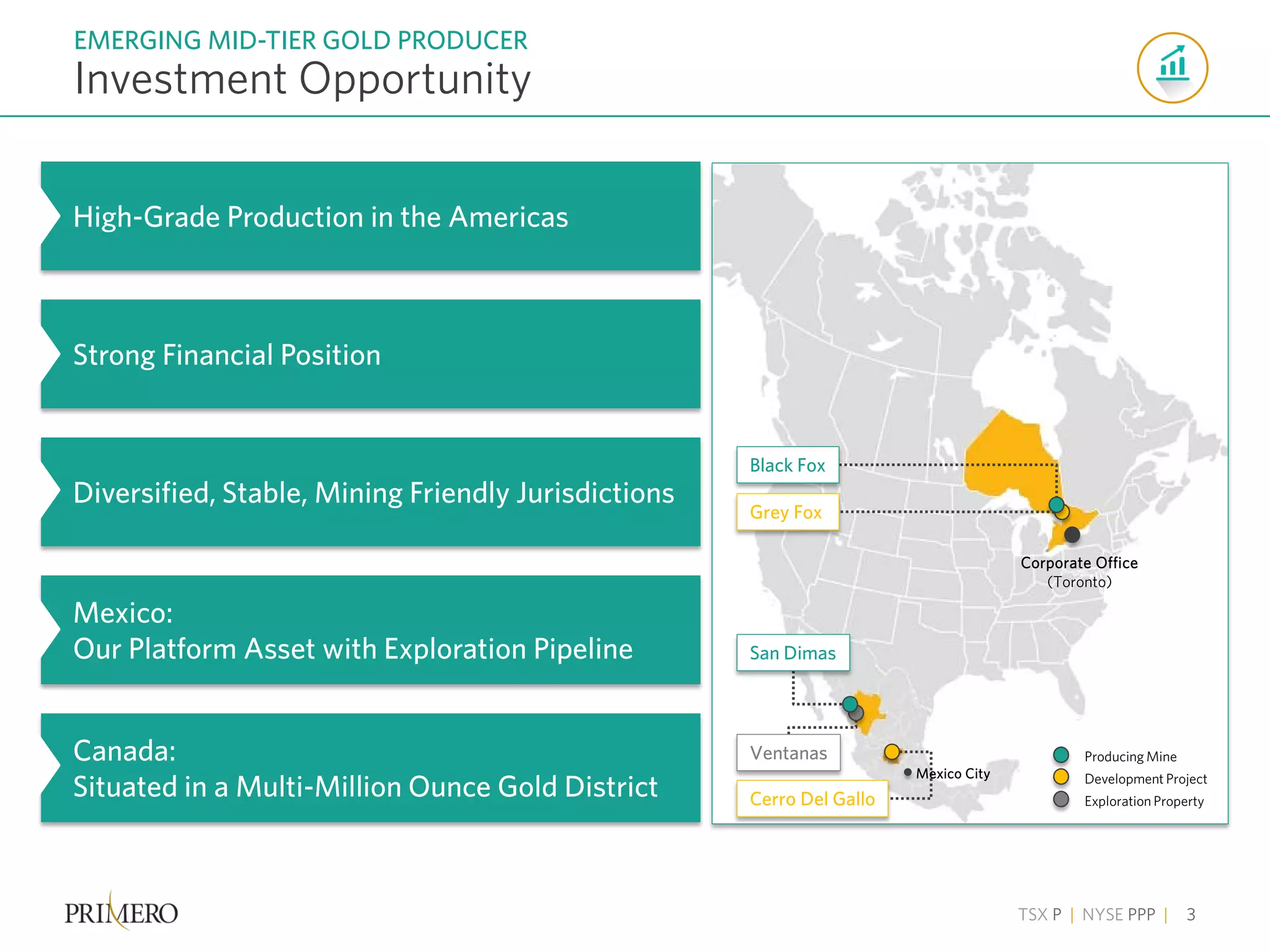 TSX P | NYSE PPP | 3
Investment Opportunity
EMERGING MID-TIER GOLD PRODUCER
Corporate Office
(Toronto)
Producing Mine
Development Project
Exploration Property
Black Fox
Grey Fox
San Dimas
Cerro Del Gallo
Ventanas
Mexico City
High-Grade Production in the Americas
Diversified, Stable, Mining Friendly Jurisdictions
Strong Financial Position
Mexico:
Our Platform Asset with Exploration Pipeline
Canada:
Situated in a Multi-Million Ounce Gold District
 