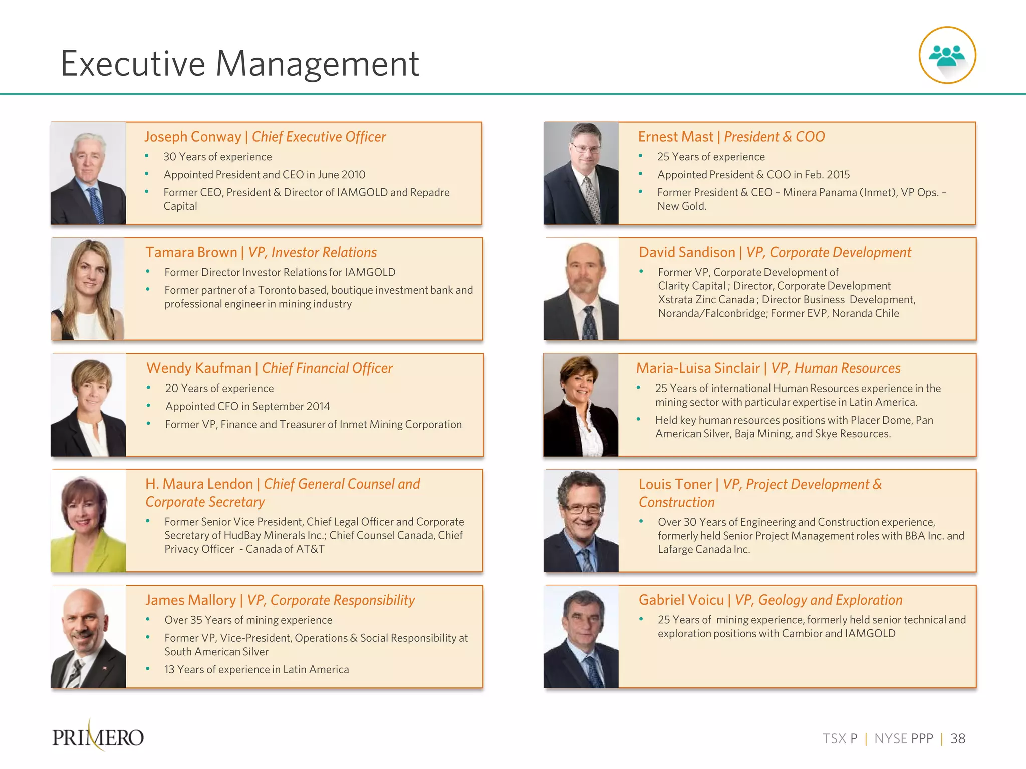 TSX P | NYSE PPP | 38
Tamara Brown | VP, Investor Relations
• Former Director Investor Relations for IAMGOLD
• Former partner of a Toronto based, boutique investment bank and
professional engineer in mining industry
H. Maura Lendon | Chief General Counsel and
Corporate Secretary
• Former Senior Vice President, Chief Legal Officer and Corporate
Secretary of HudBay Minerals Inc.; Chief Counsel Canada, Chief
Privacy Officer - Canada of AT&T
David Sandison | VP, Corporate Development
• Former VP, Corporate Development of
Clarity Capital ; Director, Corporate Development
Xstrata Zinc Canada ; Director Business Development,
Noranda/Falconbridge; Former EVP, Noranda Chile
Louis Toner | VP, Project Development &
Construction
• Over 30 Years of Engineering and Construction experience,
formerly held Senior Project Management roles with BBA Inc. and
Lafarge Canada Inc.
Gabriel Voicu | VP, Geology and Exploration
• 25 Years of mining experience, formerly held senior technical and
exploration positions with Cambior and IAMGOLD
James Mallory | VP, Corporate Responsibility
• Over 35 Years of mining experience
• Former VP, Vice-President, Operations & Social Responsibility at
South American Silver
• 13 Years of experience in Latin America
Joseph Conway | Chief Executive Officer
• 30 Years of experience
• Appointed President and CEO in June 2010
• Former CEO, President & Director of IAMGOLD and Repadre
Capital
Wendy Kaufman | Chief Financial Officer
• 20 Years of experience
• Appointed CFO in September 2014
• Former VP, Finance and Treasurer of Inmet Mining Corporation
Executive Management
Ernest Mast | President & COO
• 25 Years of experience
• Appointed President & COO in Feb. 2015
• Former President & CEO – Minera Panama (Inmet), VP Ops. –
New Gold.
Maria-Luisa Sinclair | VP, Human Resources
• 25 Years of international Human Resources experience in the
mining sector with particular expertise in Latin America.
• Held key human resources positions with Placer Dome, Pan
American Silver, Baja Mining, and Skye Resources.
 