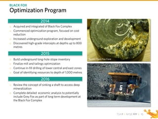 TSX P I NYSE PPP I
Optimization Program
o Acquired and integrated of Black Fox Complex
o Commenced optimization program, focused on cost
reduction
o Increased underground exploration and development
o Discovered high-grade intercepts at depths up to 800
metres
o Build underground long-hole stope inventory
o Finalize mill and tailings optimization
o Continue in-fill drilling of lower central and east zones
o Goal of identifying resources to depth of 1,000 metres
o Review the concept of sinking a shaft to access deep
mineralization
o Complete detailed economic analysis to potentially
include Grey Fox as part of long term development at
the Black Fox Complex
15
BLACK FOX
2014
2015
2016
Recent Black Fox Core
 