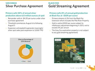 TSX P I NYSE PPP I
Silver Purchase Agreement
Primero sells 50% of annual silver
production above 6.0 million ounces at spot
o Remainder sold at ~$4.20 per ounce under silver
purchase agreement
o Threshold commences August 6 to following
August 5
o Expansion anticipated to generate meaningful
silver spot sales post expansion to 3,000 TPD
Primero sells 8% of annual gold production
at Black Fox at ~$509 per ounce
o Primero streams 6.3% from the Black Fox
Extension which includes the Pike River Property
o Gold is sold at $500 per ounce subject to
inflationary adjustment beginning in 2013, not to
exceed 2% per annum
o The Grey Fox exploration property is not subject
to any gold streaming agreements
SAN DIMAS BLACK FOX
Gold Streaming Agreement
16%
84%
Silver Gold
Silver as Percentage of
2014 Revenue
32
 