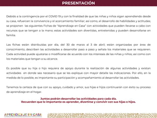 Debido a la contingencia por el COVID 19 y con la finalidad de que las niñas y niños sigan aprendiendo desde
su casa, refuercen la convivencia y el acercamiento familiar; así como, el desarrollo de habilidades y actitudes;
se proponen las siguientes Fichas de “Aprendizaje en Casa” con actividades que pueden llevarse a cabo con
recursos que se tengan a la mano; estas actividades son divertidas, entretenidas y pueden desarrollarse en
familia.
Las fichas están distribuidas por día, del 30 de marzo al 3 de abril; están organizadas por área de
conocimiento, describen las actividades a desarrollar paso a paso y señala los materiales que se requieren.
Cada actividad puede ajustarse o modificarse de acuerdo con los intereses de las niñas y niños; así como con
los materiales que tengan a su alcance.
Es posible que su hija o hijo requiera de apoyo durante la realización de algunas actividades y existan
actividades en donde sea necesario que se les explique con mayor detalle las indicaciones. Por ello, en la
medida de lo posible, es importante su participación y acompañamiento al desarrollar las actividades.
Tenemos la certeza de que con su apoyo, cuidado y amor, sus hijas e hijos continuarán con éxito su proceso
de aprendizaje en el hogar.
Juntos podrán desarrollar las actividades para cada día.
Recuerden que lo importante es aprender, divertirse y convivir con sus hijas o hijos.
PRESENTACIÓN
 
