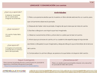 LENGUAJE Y COMUNICACIÓN: Los cuentos
F1_E06
1. Pide a una persona adulta que te muestre un libro donde esté escrito un cuento, para
que únicamente observes la portada.
2. Después de haber visto la portada, imagina de qué crees que se trata el cuento.
3. Escribe o dibuja en una hoja lo que haz imaginado.
4. Observa nuevamente el libro y ahora lee tú o pide que te lean el cuento.
5. Ahora que ya conoces el cuento, en tu cuaderno de español pega la hoja donde
escribiste o dibujaste lo que imaginaste y después dibuja lo que entendiste de la lectura
del cuento.
6. Comprueba si tu primer dibujo, se parece a lo que leíste o te leyeron del cuento.
A observar la portada
de un cuento para
imaginar el contenido.
Un cuento, hojas, lápiz,
colores
A imaginar el contenido
y el título de un cuento a
partir de la portada.
Para conocer la portada de otro cuento busca en youtube lo
siguiente y diviértete dibujando la portada.
https://www.youtube.com/watch?v=RVnGCZe07nc
Pide a un adulto que te acompañe a buscar, ver y escuchar
en youtube el video del cuento.
 
