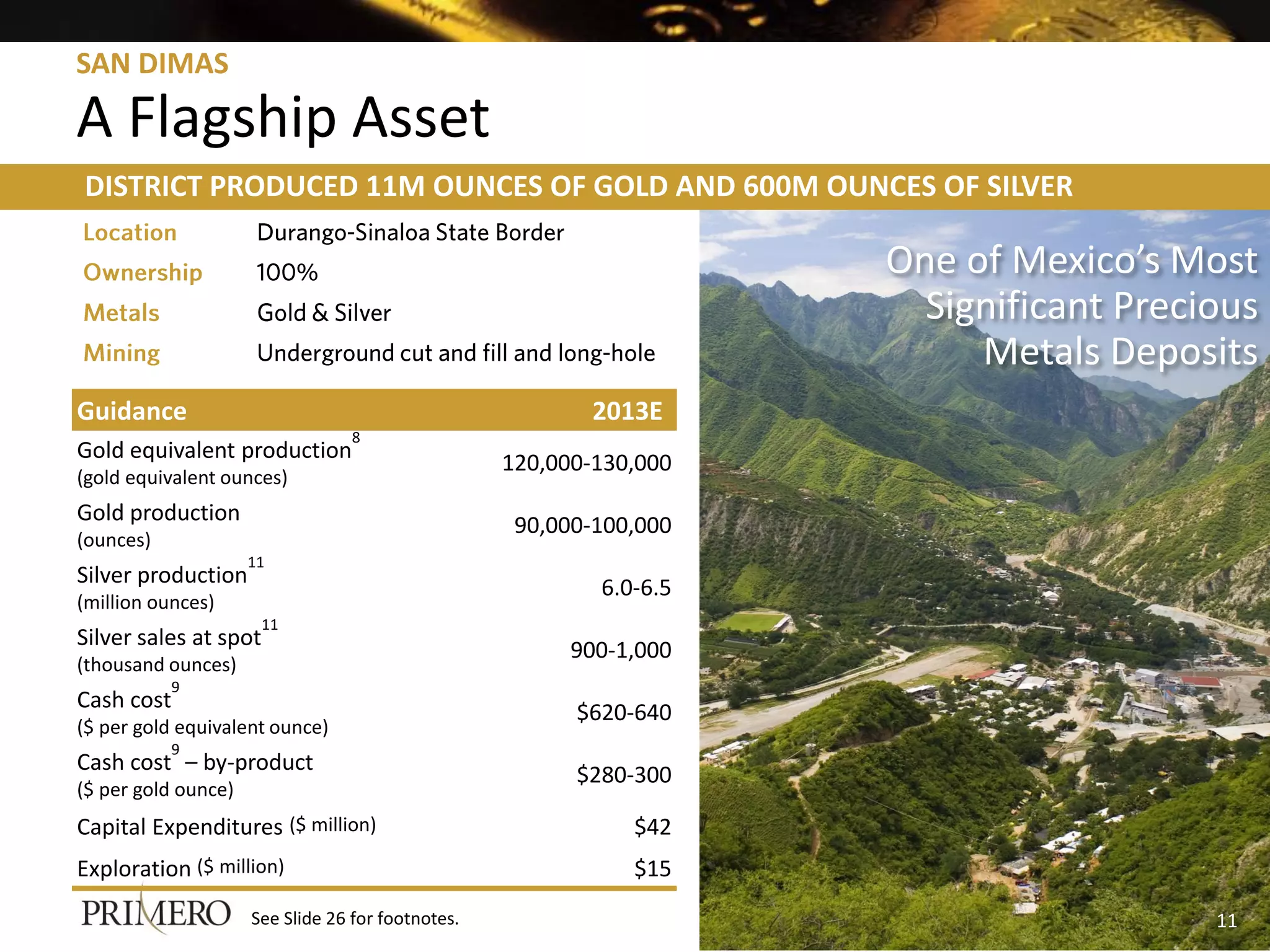 SAN DIMAS

A Flagship Asset
DISTRICT PRODUCED 11M OUNCES OF GOLD AND 600M OUNCES OF SILVER

                                                                     One of Mexico’s Most
                                                                       Significant Precious
                                                                          Metals Deposits
Guidance                                                  2013E
                                  8
Gold equivalent production
                                                   120,000-130,000
(gold equivalent ounces)
Gold production
                                                    90,000-100,000
(ounces)
                     11
Silver production
                                                           6.0-6.5
(million ounces)
                       11
Silver sales at spot
                                                         900-1,000
(thousand ounces)
           9
Cash cost
                                                         $620-640
($ per gold equivalent ounce)
           9
Cash cost – by-product
                                                         $280-300
($ per gold ounce)
Capital Expenditures ($ million)                              $42
Exploration ($ million)                                       $15
                     See Slide 26 for footnotes.                                        11
 
