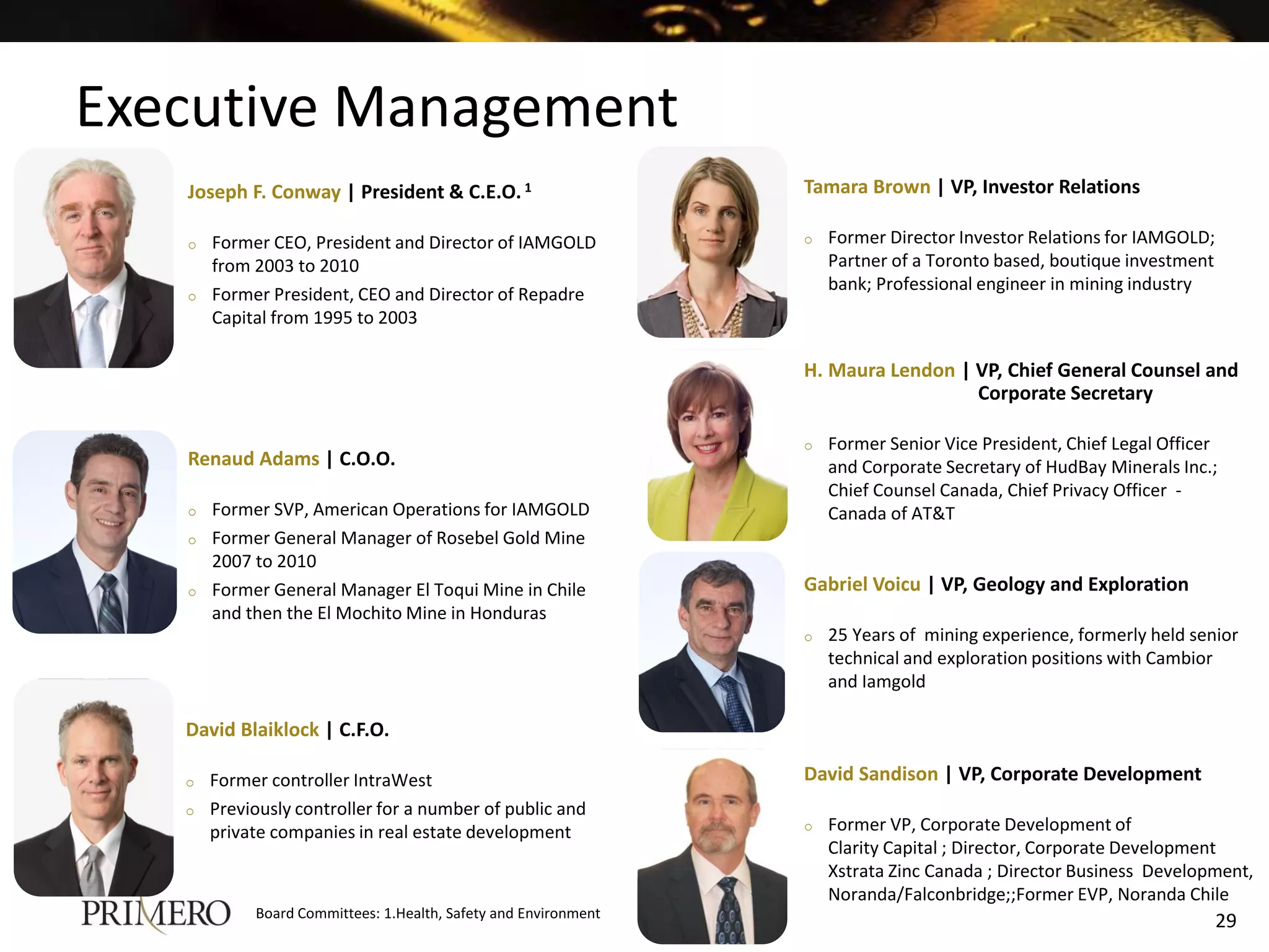 Executive Management
   Joseph F. Conway | President & C.E.O. 1                       Tamara Brown | VP, Investor Relations

   o   Former CEO, President and Director of IAMGOLD             o   Former Director Investor Relations for IAMGOLD;
       from 2003 to 2010                                             Partner of a Toronto based, boutique investment
                                                                     bank; Professional engineer in mining industry
   o   Former President, CEO and Director of Repadre
       Capital from 1995 to 2003

                                                                 H. Maura Lendon | VP, Chief General Counsel and
                                                                                   Corporate Secretary

                                                                 o   Former Senior Vice President, Chief Legal Officer
   Renaud Adams | C.O.O.                                             and Corporate Secretary of HudBay Minerals Inc.;
                                                                     Chief Counsel Canada, Chief Privacy Officer -
   o   Former SVP, American Operations for IAMGOLD                   Canada of AT&T
   o   Former General Manager of Rosebel Gold Mine
       2007 to 2010
   o   Former General Manager El Toqui Mine in Chile             Gabriel Voicu | VP, Geology and Exploration
       and then the El Mochito Mine in Honduras
                                                                 o   25 Years of mining experience, formerly held senior
                                                                     technical and exploration positions with Cambior
                                                                     and Iamgold

   David Blaiklock | C.F.O.

   o   Former controller IntraWest                               David Sandison | VP, Corporate Development
   o   Previously controller for a number of public and
       private companies in real estate development              o   Former VP, Corporate Development of
                                                                     Clarity Capital ; Director, Corporate Development
                                                                     Xstrata Zinc Canada ; Director Business Development,
                                                                     Noranda/Falconbridge;;Former EVP, Noranda Chile
            Board Committees: 1.Health, Safety and Environment
                                                                                                                       29
 
