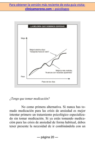 Para obtener la versión más reciente de esta guía visita:
clinicamoreno.com – psicólogos
— página 20 —
Mejor
Peor
Paso de los días
Mejoría teórica tipo:
“Autopista hacia el cielo”
Mejoría más realista:
“Avances con recaídas aparentes”
LA MEJORÍA QUE DEBEMOS ESPERAR
¿Tengo que tomar medicación?
No como primera alternativa. Si nunca has to-
mado medicación para las crisis de ansiedad es mejor
intentar primero un tratamiento psicológico especializa-
do sin tomar medicación. Si ya estás tomando medica-
ción para las crisis de ansiedad de forma habitual, debes
tener presente la necesidad de ir combinándola con un
 