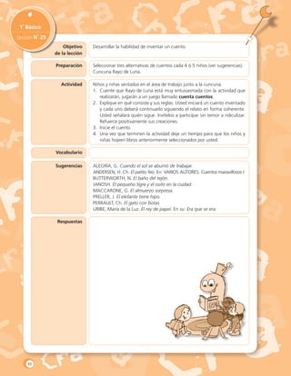 Objetivo
de la lección
1˚ Básico
Lección N˚ 25
Preparación
Actividad
Vocabulario
Sugerencias
Respuestas
Desarrollar la habilidad de inventar un cuento.
Seleccionar tres alternativas de cuentos cada 4 ó 5 niños (ver sugerencias).
Cuncuna Rayo de Luna.
Niños y niñas sentados en el área de trabajo junto a la cuncuna.
1.	 Cuente que Rayo de Luna está muy entusiasmada con la actividad que
realizarán, jugarán a un juego llamado cuenta cuentos.
2.	 Explique en qué consiste y sus reglas. Usted iniciará un cuento inventado
y cada uno deberá continuarlo siguiendo el relato en forma coherente.
Usted señalará quién sigue. Invítelos a participar sin temor a ridiculizar.
Refuerce positivamente sus creaciones.
3.	 Inicie el cuento.
4.	 Una vez que terminen la actividad deje un tiempo para que los niños y
niñas hojeen libros anteriormente seleccionados por usted.
ALEGRÍA, G. Cuando el sol se aburrió de trabajar.
ANDERSEN, H. Ch. El patito feo. En: VARIOS AUTORES. Cuentos maravillosos I.
Butterworth, N. El baño del tejón.
janosh. El pequeño tigre y el osito en la ciudad.
Maccarone, G. El almuerzo sorpresa.
Preller, J. El elefante tiene hipo.
perrault, Ch. El gato con botas.
URIBE, María de la Luz. El rey de papel. En su: Era que se era.
60
 