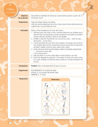 Objetivo
de la lección
1˚ Básico
Lección N˚ 36
Desarrollar la habilidad de relacionar conocimientos previos a partir de in-
formación visual.
Actividad
Preparación Hojas de trabajo, lápices de colores.
Libro de cuentos elegido por los niños y niñas a partir de tres alternativas (ver
sugerencias), cuncuna Rayo de Luna.
Niños y niñas sentados en el rincón del cuento.
1.	 Siéntese junto a los niños y niñas, muestre a Rayo de Luna. Dígales que la
observen bien y recuerde que cuando se observa no se habla y así pueden
ocupar todos los sentidos y fijarse en los detalles.
2.	 Invítelos a describir físicamente a la cuncuna (su color..., tiene los ojos...,
tiene patas..., entre otros).
3.	 Cuente que Rayo de Luna tiene otros amigos y mantenga una conversa-
ción dirigida acerca de las características físicas que tienen los siguientes
animales: caballo, chancho, pato, cebra, león y jirafa.
4.	 Lea la instrucción de la hoja de trabajo y realice la actividad, preguntando:
•	 ¿De quién es esta cola?
	 Y así sucesivamente.
5.	 Pida que elijan un cuento sobre algún animal y léalo en voz alta.
6.	 Antes de despedirse pregunte si recuerdan el título del cuento leído
por usted. Al llegar a la sala de clases anótelo en la Hoja de Registro de
Lectura.
Vocabulario
Sugerencias
Respuestas
Predecir: decir anticipadamente lo que va a ocurrir.
BUTTERWORTH, N. El baño del tejón.
KASZA, K. Los secretos del abuelo Sapo.
MINARIK, E. H. Osito.
Predicciones
82
 