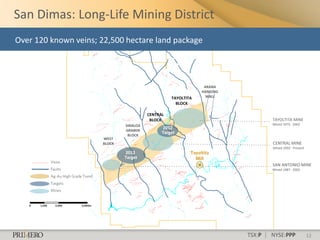 San Dimas: Long-Life Mining District
Over 120 known veins; 22,500 hectare land package




                                                               ARANA
                                                              HANGING
                                                  TAYOLTITA     WALL
                                                    BLOCK

                                        CENTRAL
                                         BLOCK                                  TAYOLTITA MINE
                              SINALOA                                           Mined 1975 - 2002
                                              2012
                              GRABEN
                                              Target
                               BLOCK
                      WEST
                      BLOCK                                                     CENTRAL MINE
                                                                                Mined 2002 - Present
                              2012
                              Target
                                                                                SAN ANTONIO MINE
                                                                                Mined 1987 - 2002




                                                                        TSX:P | NYSE:PPP               12
 