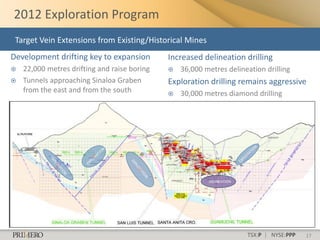 2012 Exploration Program
 Target Vein Extensions from Existing/Historical Mines
Development drifting key to expansion         Increased delineation drilling
   22,000 metres drifting and raise boring      36,000 metres delineation drilling
   Tunnels approaching Sinaloa Graben        Exploration drilling remains aggressive
    from the east and from the south             30,000 metres diamond drilling




                                                          DELINEATION
                                                               D




                                                                        TSX:P | NYSE:PPP   17
 
