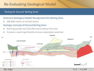 Re-Evaluating Geological Model
 Testing for Second ‘Boiling Zone’

Historical Geological Model Recognized One Boiling Zone
   300-600 metres of vertical extent
Geologic Concept of Second Boiling Zone
   Running parallel and 150-200 metres below first zone
   If proven, would significantly increase exploration potential




                                                                    TSX:P | NYSE:PPP   19
 