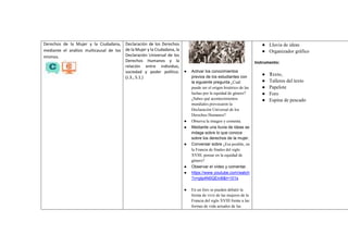 Derechos de la Mujer y la Ciudadana,
mediante el análisis multicausal de los
mismos.
Declaración de los Derechos
de la Mujer y la Ciudadana, la
Declaración Universal de los
Derechos Humanos y la
relación entre individuo,
sociedad y poder político.
(J.3., S.1.)
● Activar los conocimientos
previos de los estudiantes con
la siguiente pregunta ¿Cuál
puede ser el origen histórico de las
luchas por la equidad de género?
¿Sabes qué acontecimientos
mundiales provocaron la
Declaración Universal de los
Derechos Humanos?
● Observa la imagen y comenta.
● Mediante una lluvia de ideas se
indaga sobre lo que conoce
sobre los derechos de la mujer.
● Conversar sobre ¿Era posible, en
la Francia de finales del siglo
XVIII, pensar en la equidad de
género?
● Observar el vídeo y comentar.
● https://www.youtube.com/watch
?v=gtp4N0QEin8&t=101s
● En un foro se pueden debatir la
forma de vivir de las mujeres de la
Francia del siglo XVIII frente a las
formas de vida actuales de las
● Lluvia de ideas
● Organizador gráfico
Instrumento:
● Texto,
● Talleres del texto
● Papelote
● Foro
● Espina de pescado
 