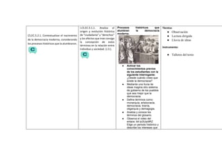 CS.EC.5.2.1. Contextualizar el nacimiento
de la democracia moderna, considerando
los procesos históricos que la alumbraron.
I.CS.EC.5.1.1. Analiza el
origen y evolución histórica
de “ciudadanía” y “derechos”
y los efectos que trae consigo
la concepción de estos
términos en la relación entre
individuo y sociedad. (J.3.).
Procesos históricos que
alumbran la democracia
moderna.
● Activar los
conocimientos previos
de los estudiantes con la
siguiente interrogante:
¿Desde cuándo crees que
existe la democracia?
● Mediante una lluvia de
ideas magina otro sistema
de gobierno de los pueblos
que sea mejor que la
democracia.
● Define términos como:
monarquía, aristocracia,
democracia, tiranía,
oligarquía y demagogia.
● Analiza y conoce los
términos del glosario.
● Observa el video del
enlace: bit.ly/2Uqr9RZ
Elige un periodo histórico y
describe los intereses que
Técnica:
● Observación
● Lectura dirigida
● Lluvia de ideas
Instrumento:
● Talleres del texto
 
