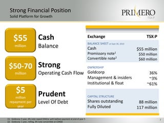 Strong Financial Position
  Solid Platform for Growth                                                                                                TSX:P




      $55                       Cash                                                Exchange                              TSX:P
                                                                                    BALANCE SHEET at Sept 30, 2010
       million                  Balance                                             Cash                             $55 million
                                                                                    Promissory     note1              $50 million
                                                                                    Convertible note2                 $60 million
 $50-70 Strong                                                                      OWNERSHIP
       million                  Operating Cash Flow Goldcorp                                                               36%
                                                                                    Management & insiders                  ~3%
                                                                                    Institutional & float                 ~61%
        $5                      Prudent
      million                                                                       CAPITAL STRUCTURE
  repayment per                 Level Of Debt                                       Shares outstanding                88 million
       year                                                                         Fully Diluted                    117 million

(1) Goldcorp: 5 year, 6% note repaid $5M/yr with balloon payment at end of year 5                                                   7
(2) Goldcorp: 1 year, rolling, 3% note convertible at CDN$6
 
