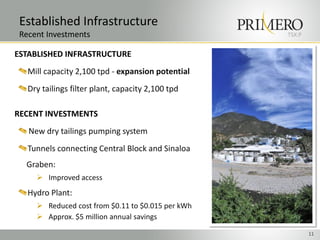 TSX:P
Established Infrastructure
Recent Investments
11
ESTABLISHED INFRASTRUCTURE
Mill capacity 2,100 tpd - expansion potential
Dry tailings filter plant, capacity 2,100 tpd
RECENT INVESTMENTS
New dry tailings pumping system
Tunnels connecting Central Block and Sinaloa
Graben:
 Improved access
Hydro Plant:
 Reduced cost from $0.11 to $0.015 per kWh
 Approx. $5 million annual savings
 
