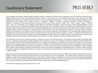 TSX:P
Cautionary Statement
2
This presentation may contain “forward-looking” statements within the meaning of Canadian securities legislation and the United States Private Securities
Litigation Reform Act of 1995. Forward-looking statements relate to future events or the anticipated performance of the Company and reflect
management’s expectations or beliefs regarding such future events and anticipated performance. In certain cases, forward-looking statements can be
identified by the use of words such as “plans”, “expects”, “is expected”, “budget”, “scheduled”, ”estimates”, ”forecasts”, ”intends”, ”anticipates” or
“believes”, or variations of such words and phrases or statements that certain actions, events or results “may”, ”could”, “would”, ”might”, or “will be
taken”, “occur” or “be achieved”, or the negative of these words or comparable terminology. By their very nature forward-looking statements involve
known and unknown risks, uncertainties and other factors which may cause the actual performance of the Company to be materially different from any
anticipated performance expressed or implied by the forward-looking statements. Such factors include various risks related to the Company’s operations,
including, without limitation, fluctuations in spot and forward markets for gold, silver and other metals, fluctuations in currency markets, changes in
national and local governments in Mexico and the speculative nature of mineral exploration and development, risks associated with obtaining necessary
exploitation and environmental licenses and permits, and the presence of laws that may impose restrictions on mining. A complete list of risk factors are
described in the Company’s preliminary prospectus and will be detailed from time to time in the Company’s interim and annual financial statements and
management’s discussion and analysis of those statements, all of which are, or will be available, for review on SEDAR at www.sedar.com.
This presentation uses the terms “measured resources”, “indicated resources” and “inferred resources”. The Company advises readers that although these
terms are recognized and required by Canadian regulations (under National Instrument 43-101 Standards of Disclosure for Mineral Projects (“NI43-101”)),
the United States Securities and Exchange Commission does not recognize them. Readers are cautioned not to assume that any part or all of the mineral
deposits in these categories will ever be converted in to reserves. In addition, “inferred resources” have a great amount of uncertainty as to their existence,
and economic and legal feasibility. It cannot be assumed that all or any part of an inferred mineral resource will ever be upgraded to a higher category.
Under Canadian rules, estimates of inferred mineral resources may not form the basis of feasibility or pre-feasibility studies, or economic studies, except for
a Preliminary Assessment as defined under NI43-101. Investors are cautioned not to assume that part or all of an inferred resource exists, or is economically
or legally mineable.
Although the Company has attempted to identify important factors that could cause actual performance to differ materially from that described in forward-
looking statements, there may be other factors that cause its performance not to be as anticipated. The Company neither intends nor assumes any
obligation to update these forward-looking statements or information to reflect changes in assumptions or circumstances other than required by applicable
law. There can be no assurance that forward-looking statements will prove to be accurate, as actual results and future events could differ materially from
those currently anticipated. Accordingly, readers should not place undue reliance on forward-looking statements.
Unless otherwise indicated, all dollar values herein are in US$.
 