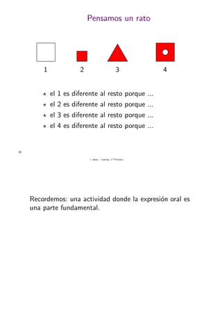+ ideas, - cuentas. 1o
Primaria
22
Pensamos un rato
1 2 3 4
el 1 es diferente al resto porque ...
el 2 es diferente al resto porque ...
el 3 es diferente al resto porque ...
el 4 es diferente al resto porque ...
Recordemos: una actividad donde la expresi´on oral es
una parte fundamental.
 
