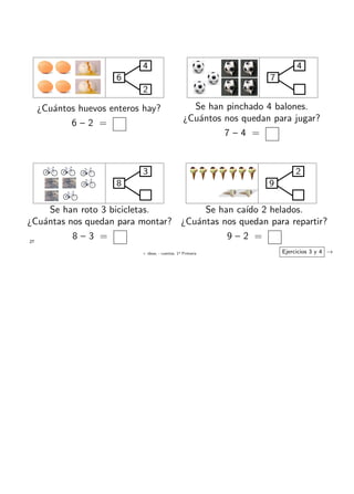 + ideas, - cuentas. 1o
Primaria
27
¿Cu´antos huevos enteros hay?
6 – 2 =
6
4
2
Se han pinchado 4 balones.
¿Cu´antos nos quedan para jugar?
7 – 4 =
7
4
8
3
Se han roto 3 bicicletas.
¿Cu´antas nos quedan para montar?
8 – 3 =
9
2
Se han ca´ıdo 2 helados.
¿Cu´antas nos quedan para repartir?
9 – 2 =
Ejercicios 3 y 4 →
 