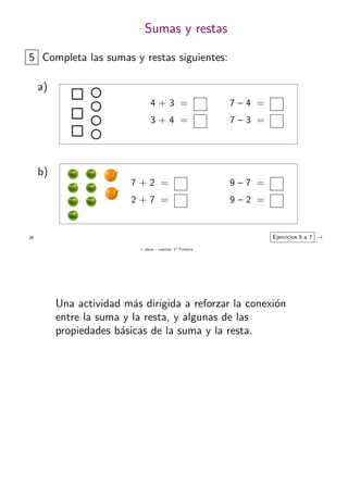 + ideas, - cuentas. 1o
Primaria
28
Sumas y restas
5 Completa las sumas y restas siguientes:
a)
4 + 3 =
3 + 4 =
7 – 4 =
7 – 3 =
b)
7 + 2 =
2 + 7 =
9 – 7 =
9 – 2 =
Ejercicios 5 a 7 →
Una actividad m´as dirigida a reforzar la conexi´on
entre la suma y la resta, y algunas de las
propiedades b´asicas de la suma y la resta.
 