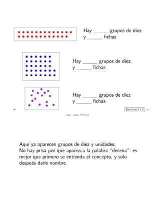 + ideas, - cuentas. 1o
Primaria
35
Hay grupos de diez
y ﬁchas
Hay grupos de diez
y ﬁchas
Hay grupos de diez
y ﬁchas
Ejercicios 1 y 2 →
Aqu´ı ya aparecen grupos de diez y unidades.
No hay prisa por que aparezca la palabra “decena”: es
mejor que primero se entienda el concepto, y solo
despu´es darle nombre.
 