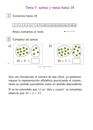 + ideas, - cuentas. 1o
Primaria
44
Tema 7: sumas y restas hasta 19
1 Contamos hasta 19
1 98765432 10 1817161514131211 19
Ahora contamos al rev´es
2 Completa las sumas
a) b)
10 + 7 =10 + 4 =
Una vez introducido el n´umero de dos cifras, ya podemos
repasar la representaci´on alfab´etica practicando el conteo,
tanto en sentido ascendente como en sentido descendente.
Si se ha entendido que 14 es “diez y cuatro” es inmediato
observar que 10 + 4 = 14.
 