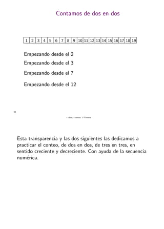 + ideas, - cuentas. 1o
Primaria
53
Contamos de dos en dos
1 98765432 10 1817161514131211 19
Empezando desde el 2
Empezando desde el 3
Empezando desde el 7
Empezando desde el 12
Esta transparencia y las dos siguientes las dedicamos a
practicar el conteo, de dos en dos, de tres en tres, en
sentido creciente y decreciente. Con ayuda de la secuencia
num´erica.
 