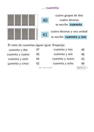 + ideas, - cuentas. 1o
Primaria
59
... cuarenta
cuatro grupos de diez
cuatro decenas
se escribe cuarenta
40
cuatro decenas y una unidad
se escribe cuarenta y uno
41
El resto de cuarentas siguen igual. Empareja:
cuarenta y dos
cuarenta y cuatro
cuarenta y siete
cuarenta y cinco
47
45
44
42
cuarenta y tres
cuarenta y seis
cuarenta y nueve
cuarenta y ocho
48
46
43
49
Ejercicio 1 →
 