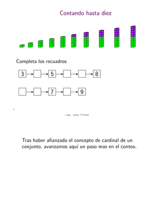 + ideas, - cuentas. 1o
Primaria
7
Contando hasta diez
Completa los recuadros
3 5 8
7 9
Tras haber aﬁanzado el concepto de cardinal de un
conjunto, avanzamos aqu´ı un paso mas en el conteo.
 