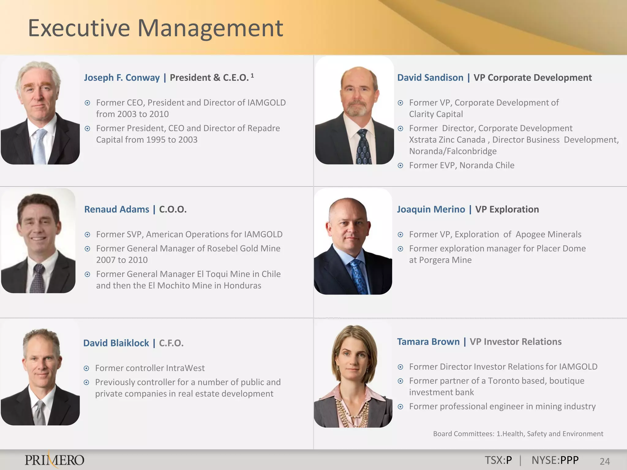 Executive Management
    Joseph F. Conway | President & C.E.O. 1                David Sandison | VP Corporate Development

       Former CEO, President and Director of IAMGOLD         Former VP, Corporate Development of
        from 2003 to 2010                                      Clarity Capital
       Former President, CEO and Director of Repadre         Former Director, Corporate Development
        Capital from 1995 to 2003                              Xstrata Zinc Canada , Director Business Development,
                                                               Noranda/Falconbridge
                                                              Former EVP, Noranda Chile



    Renaud Adams | C.O.O.                                  Joaquin Merino | VP Exploration

       Former SVP, American Operations for IAMGOLD           Former VP, Exploration of Apogee Minerals
       Former General Manager of Rosebel Gold Mine           Former exploration manager for Placer Dome
        2007 to 2010                                           at Porgera Mine
       Former General Manager El Toqui Mine in Chile
        and then the El Mochito Mine in Honduras




    David Blaiklock | C.F.O.                               Tamara Brown | VP Investor Relations

       Former controller IntraWest                           Former Director Investor Relations for IAMGOLD
       Previously controller for a number of public and      Former partner of a Toronto based, boutique
        private companies in real estate development           investment bank
                                                              Former professional engineer in mining industry

                                                                    Board Committees: 1.Health, Safety and Environment


                                                                                   TSX:P | NYSE:PPP                 24
 