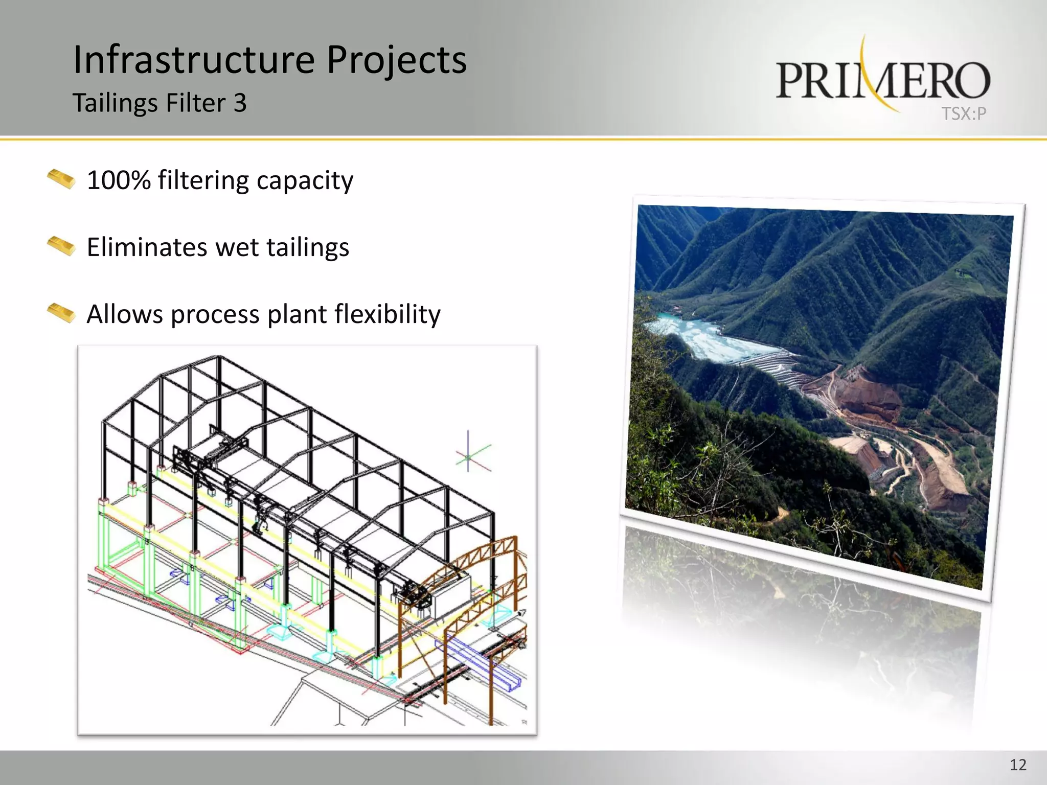 Infrastructure Projects
Tailings Filter 3                   TSX:P


 100% filtering capacity

 Eliminates wet tailings

 Allows process plant flexibility




                                            12
 