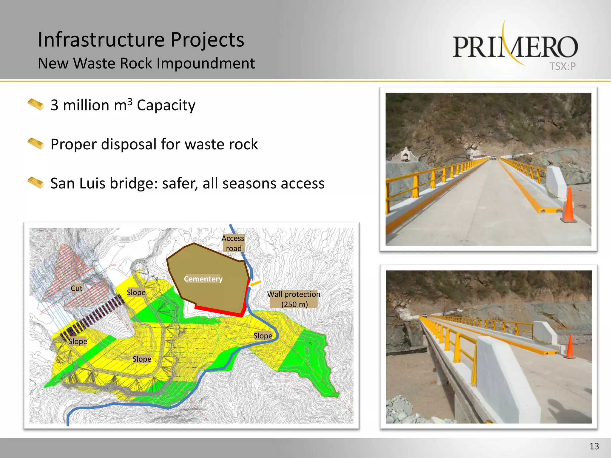 Infrastructure Projects
New Waste Rock Impoundment                                 TSX:P


 3 million m3 Capacity

 Proper disposal for waste rock

 San Luis bridge: safer, all seasons access


                             Access
                              road


                     Cementery
    Cut     Slope                        Wall protection
                                            (250 m)


                                      Slope
   Slope

             Slope




                                                                   13
 