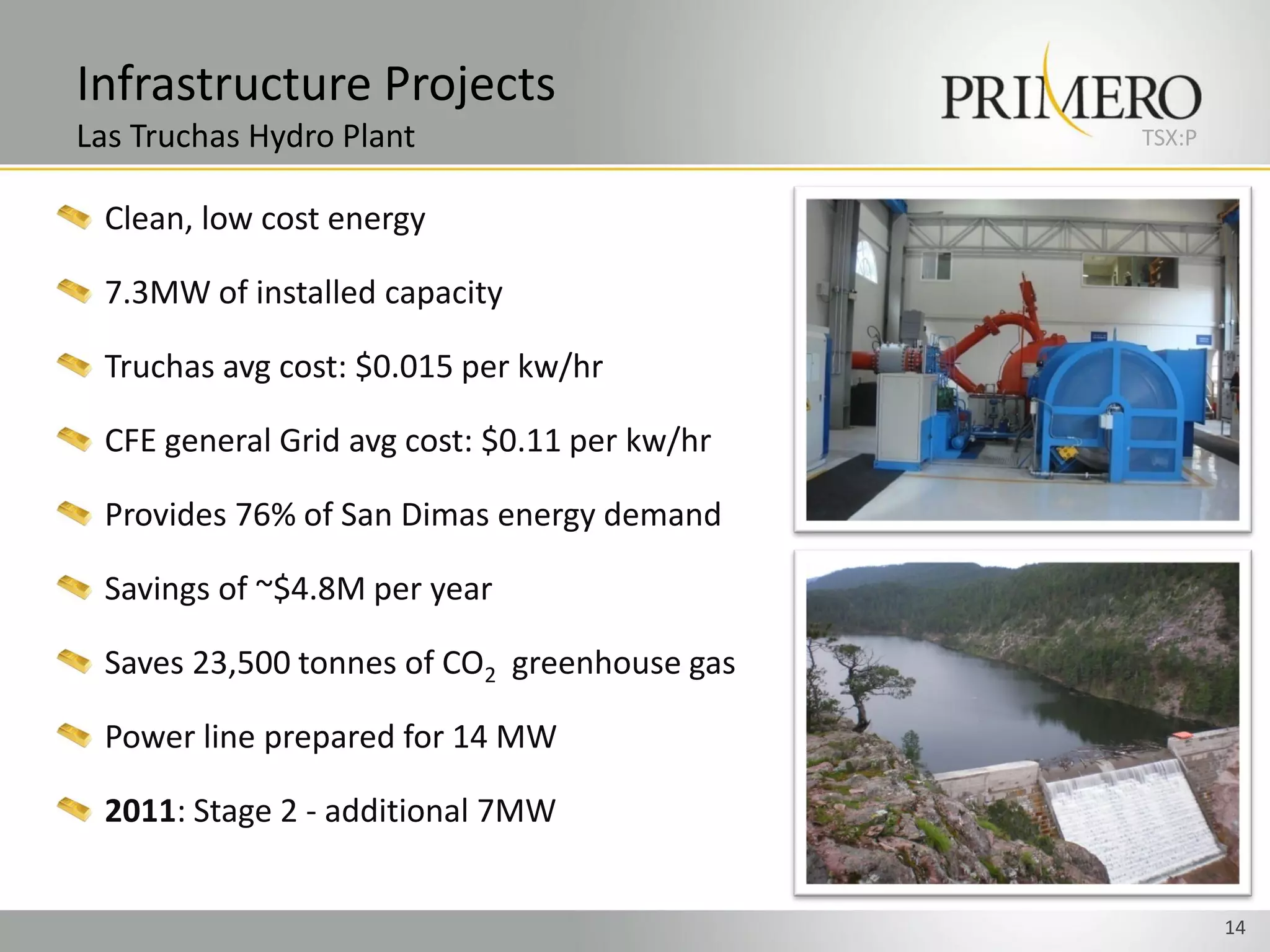 Infrastructure Projects
Las Truchas Hydro Plant                       TSX:P


 Clean, low cost energy

 7.3MW of installed capacity

 Truchas avg cost: $0.015 per kw/hr

 CFE general Grid avg cost: $0.11 per kw/hr

 Provides 76% of San Dimas energy demand

 Savings of ~$4.8M per year

 Saves 23,500 tonnes of CO2 greenhouse gas

 Power line prepared for 14 MW

 2011: Stage 2 - additional 7MW


                                                      14
 