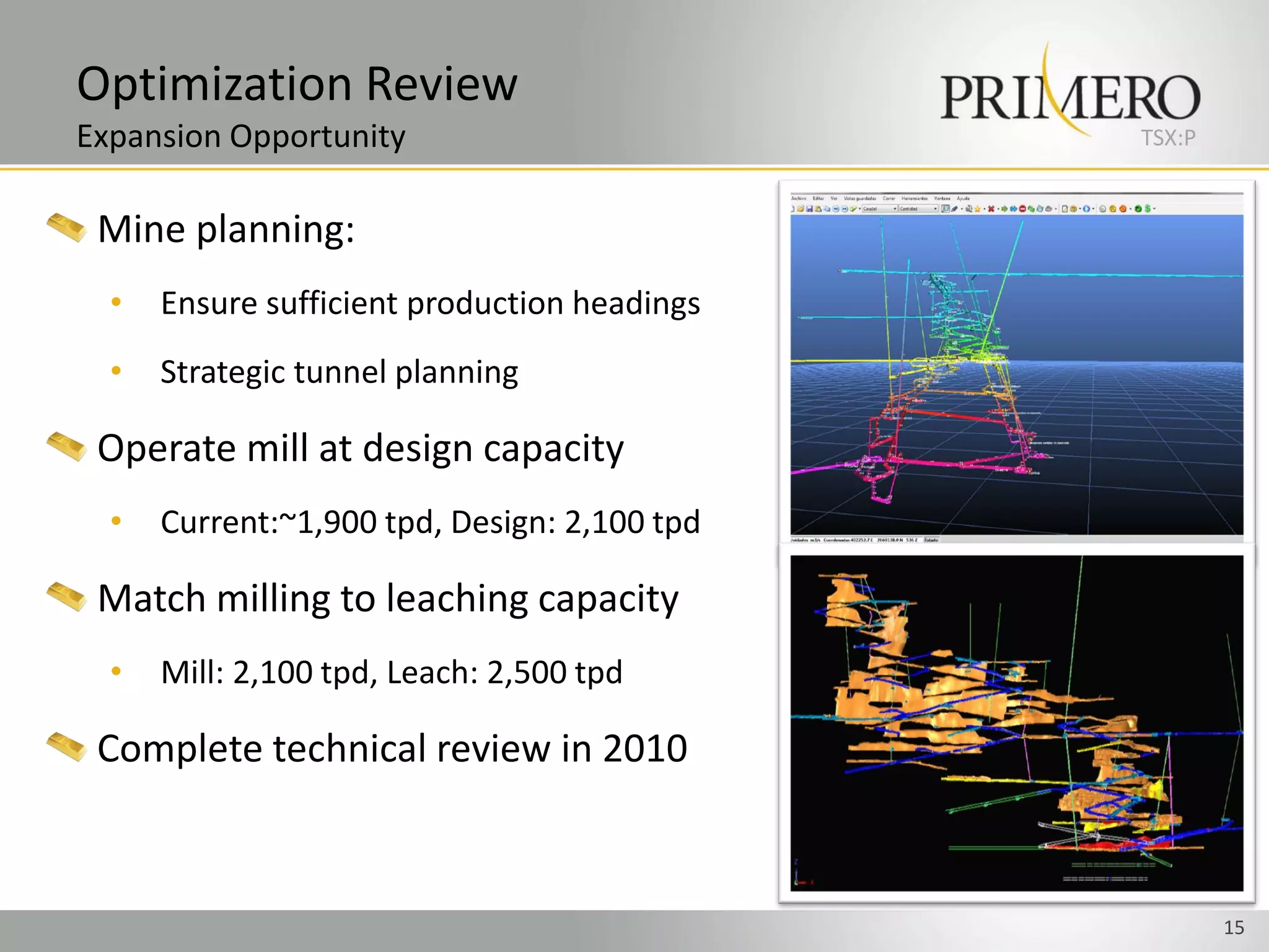 Optimization Review
Expansion Opportunity                         TSX:P


 Mine planning:
  •   Ensure sufficient production headings
  •   Strategic tunnel planning

 Operate mill at design capacity
  •   Current:~1,900 tpd, Design: 2,100 tpd

 Match milling to leaching capacity
  •   Mill: 2,100 tpd, Leach: 2,500 tpd

 Complete technical review in 2010



                                                      15
 
