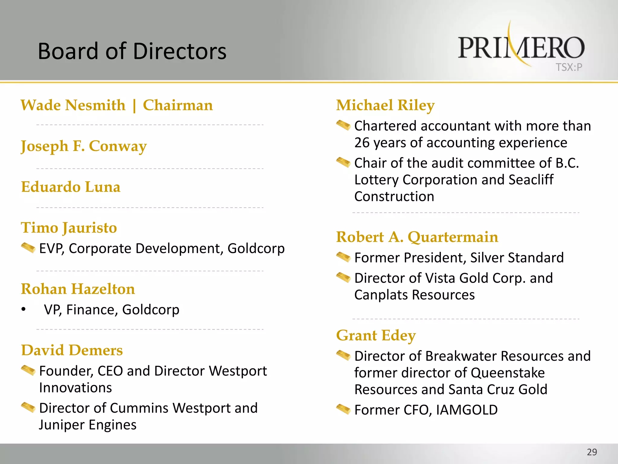 Board of Directors                                                      TSX:P


Wade Nesmith | Chairman                  Michael Riley
                                           Chartered accountant with more than
Joseph F. Conway                           26 years of accounting experience
                                           Chair of the audit committee of B.C.
Eduardo Luna                               Lottery Corporation and Seacliff
                                           Construction

Timo Jauristo
                                         Robert A. Quartermain
  EVP, Corporate Development, Goldcorp
                                           Former President, Silver Standard
                                           Director of Vista Gold Corp. and
Rohan Hazelton                             Canplats Resources
• VP, Finance, Goldcorp
                                         Grant Edey
David Demers                               Director of Breakwater Resources and
  Founder, CEO and Director Westport       former director of Queenstake
  Innovations                              Resources and Santa Cruz Gold
  Director of Cummins Westport and         Former CFO, IAMGOLD
  Juniper Engines
                                                                                  29
 