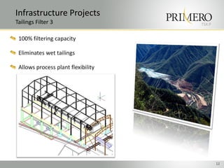 Infrastructure Projects
Tailings Filter 3                   TSX:P


 100% filtering capacity

 Eliminates wet tailings

 Allows process plant flexibility




                                            12
 