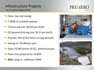 Infrastructure Projects
Las Truchas Hydro Plant                       TSX:P


 Clean, low cost energy

 7.3MW of installed capacity

 Truchas avg cost: $0.015 per kw/hr

 CFE general Grid avg cost: $0.11 per kw/hr

 Provides 76% of San Dimas energy demand

 Savings of ~$4.8M per year

 Saves 23,500 tonnes of CO2 greenhouse gas

 Power line prepared for 14 MW

 2011: Stage 2 - additional 7MW


                                                      14
 