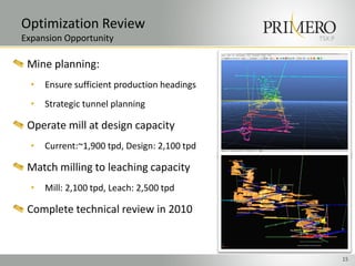 Optimization Review
Expansion Opportunity                         TSX:P


 Mine planning:
  •   Ensure sufficient production headings
  •   Strategic tunnel planning

 Operate mill at design capacity
  •   Current:~1,900 tpd, Design: 2,100 tpd

 Match milling to leaching capacity
  •   Mill: 2,100 tpd, Leach: 2,500 tpd

 Complete technical review in 2010



                                                      15
 