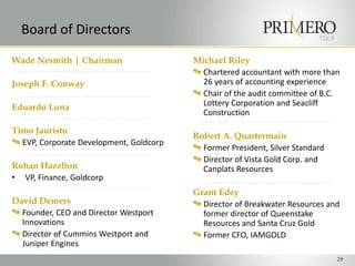 Board of Directors                                                      TSX:P


Wade Nesmith | Chairman                  Michael Riley
                                           Chartered accountant with more than
Joseph F. Conway                           26 years of accounting experience
                                           Chair of the audit committee of B.C.
Eduardo Luna                               Lottery Corporation and Seacliff
                                           Construction

Timo Jauristo
                                         Robert A. Quartermain
  EVP, Corporate Development, Goldcorp
                                           Former President, Silver Standard
                                           Director of Vista Gold Corp. and
Rohan Hazelton                             Canplats Resources
• VP, Finance, Goldcorp
                                         Grant Edey
David Demers                               Director of Breakwater Resources and
  Founder, CEO and Director Westport       former director of Queenstake
  Innovations                              Resources and Santa Cruz Gold
  Director of Cummins Westport and         Former CFO, IAMGOLD
  Juniper Engines
                                                                                  29
 