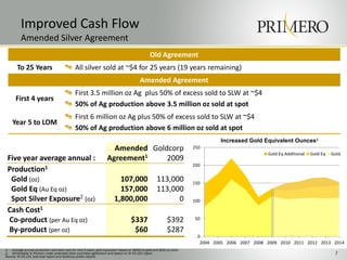 Improved Cash Flow
          Amended Silver Agreement
                                                                                                Old Agreement
       To 25 Years                            All silver sold at ~$4 for 25 years (19 years remaining)
                                                                                          Amended Agreement
                                              First 3.5 million oz Ag plus 50% of excess sold to SLW at ~$4
      First 4 years
                                              50% of Ag production above 3.5 million oz sold at spot
                                              First 6 million oz Ag plus 50% of excess sold to SLW at ~$4
    Year 5 to LOM
                                              50% of Ag production above 6 million oz sold at spot
                                                                                                                                Increased Gold Equivalent Ounces1
                                                                      Amended Goldcorp                                 250
                                                                                                                                                  Gold Eq Additional   Gold Eq   Gold
 Five year average annual :                                         Agreement1    2009
                                                                                                                       200
 Production1
  Gold (oz)                                                                107,000                   113,000           150
  Gold Eq (Au Eq oz)                                                       157,000                   113,000
  Spot Silver Exposure2 (oz)                                             1,800,000                         0           100

 Cash Cost1
 Co-product (per Au Eq oz)                                                          $337                    $392       50

 By-product (per oz)                                                                 $60                    $287
                                                                                                                        0
                                                                                                                         2004 2005 2006 2007 2008 2009 2010 2011 2012 2013 2014
1. Average annual production and cash cost for next 5 years, gold equivalent based on $900/oz gold and $15/oz silver
2. Attributable to Primero under amended silver purchase agreement and based on NI 43-101 report
Source: NI 43-101 technical report and Goldcorp public reports
                                                                                                                                                                                  7
 