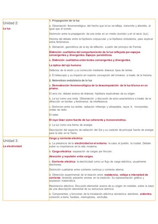Unidad 2:
La luz
1. Propagación de la luz
a. Observación fenomenológica del hecho que la luz se refleja, transmite y absorbe, al
igual que el sonido.
Distinción entre la propagación de una onda en un medio (sonido) y en el vacío (luz).
Historia del debate entre la hipótesis corpuscular y la hipótesis ondulatoria, para explicar
estos fenómenos.
b. Derivación geométrica de la ley de reflexión, a partir del principio de Fermat.
Distinción cualitativa del comportamiento de la luz reflejada por espejos
convergentes y divergentes. Espejos parabólicos.
c. Distinción cualitativa entre lentes convergentes y divergentes.
La óptica del ojo humano.
Defectos de la visión y su corrección mediante diversos tipos de lentes.
d. El telescopio y su impacto en nuestra concepción del Universo a través de la historia.
2. Naturaleza ondulatoria de la luz
a. Demostración fenomenológica de la descomposición de la luz blanca en un
prisma.
El arco iris: debate acerca de diversas hipótesis explicativas de su origen.
b. La luz como una onda. Observación y discusión de esta característica a través de la
difracción en bordes y fenómenos de interferencia.
c. Distinción entre luz visible, radiación infrarroja y ultravioleta, rayos X, microondas,
ondas de radio.
El radar.
El rayo láser como fuente de luz coherente y monocromática.
d. La luz como una forma de energía.
Descripción del espectro de radiación del Sol y su carácter de principal fuente de energía
para la vida en la Tierra.
Unidad 3:
La electricidad
Carga y corriente eléctrica
a. La presencia de la electricidad en el entorno: la casa, el pueblo, la ciudad. Debate
sobre su importancia en la vida moderna.
b. Carga eléctrica: separación de cargas por fricción.
Atracción y repulsión entre cargas.
c. Corriente eléctrica: la electricidad como un flujo de carga eléctrica, usualmente
electrones.
Distinción cualitativa entre corriente continua y corriente alterna.
d. Obtención experimental de la relación entre resistencia, voltaje e intensidad de
corriente, teniendo presente errores en la medición. Su representación gráfica y
expresión matemática.
Resistencia eléctrica. Discusión elemental acerca de su origen en metales, sobre la base
de una descripción elemental de su estructura atómica.
e. Componentes y funciones de la instalación eléctrica doméstica: alambres, aislantes,
conexión a tierra, fusibles, interruptores, enchufes.
 