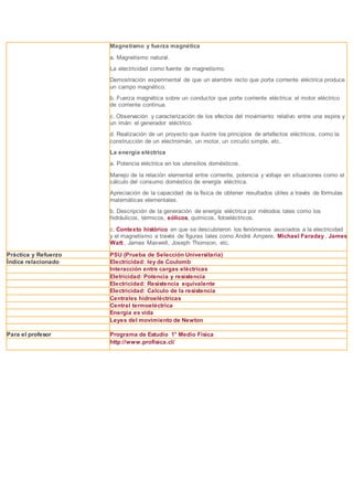 Magnetismo y fuerza magnética
a. Magnetismo natural.
La electricidad como fuente de magnetismo.
Demostración experimental de que un alambre recto que porta corriente eléctrica produce
un campo magnético.
b. Fuerza magnética sobre un conductor que porte corriente eléctrica: el motor eléctrico
de corriente continua.
c. Observación y caracterización de los efectos del movimiento relativo entre una espira y
un imán: el generador eléctrico.
d. Realización de un proyecto que ilustre los principios de artefactos eléctricos, como la
construcción de un electroimán, un motor, un circuito simple, etc.
La energía eléctrica
a. Potencia eléctrica en los utensilios domésticos.
Manejo de la relación elemental entre corriente, potencia y voltaje en situaciones como el
cálculo del consumo doméstico de energía eléctrica.
Apreciación de la capacidad de la física de obtener resultados útiles a través de fórmulas
matemáticas elementales.
b. Descripción de la generación de energía eléctrica por métodos tales como los
hidráulicos, térmicos, eólicos, químicos, fotoeléctricos.
c. Contexto histórico en que se descubrieron los fenómenos asociados a la electricidad
y el magnetismo a través de figuras tales como André Ampere, Michael Faraday , James
Watt , James Maxwell, Joseph Thomson, etc.
Práctica y Refuerzo PSU (Prueba de Selección Universitaria)
Índice relacionado Electricidad: ley de Coulomb
Interacción entre cargas eléctricas
Eletricidad: Potencia y resistencia
Electricidad: Resistencia equivalente
Electricidad: Calculo de la resistencia
Centrales hidroeléctricas
Central termoeléctrica
Energía es vida
Leyes del movimiento de Newton
Para el profesor Programa de Estudio 1° Medio Física
http://www.profisica.cl/
 