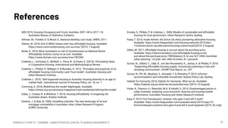 KIMBERLEY CROFTS – Z3199999 – UNSW STRATEGIC SPATIAL PLANNING ASSIGNMENT 2
References
15
ABS 2019, Housing Occupancy and Costs, Australia, 2007–08 to 2017–18,
Australian Bureau of Statistics, Canberra.
Aikman, M., Frankel, D. & Wood, S., National dwelling cost study, URBIS, 2011.
Aliento, W. 2018, End of NRAS means even less affordable housing. Available:
https://www.communityhousing.com.au/nras/ [2019, 7 August].
Burke, K. 2018, More Australians at risk of homelessness as National Rental
Affordability Scheme comes to an end. Available:
https://www.domain.com.au/news/nras-782290/
Crabtree, L., Grimstad, S., McNeill, J., Perry, N., & Power, E. (2019). Articulating Value
in Cooperative Housing: International and Methodological Review.
Crabtree, L., Phibbs, P., Milligan, V. & Blunden, H. 2012, "Principles and practices of an
affordable housing Community Land Trust model", Australian Housing and
Urban Research Institute, .
Crabtree, L. 2018, "Self-organised housing in Australia: housing diversity in an age of
market heat", International Journal of Housing Policy, vol. 18, no. 1.
Cumming, A. 2018, Redeﬁning the model: Nightingale. Available:
https://renew.org.au/sanctuary-magazine/multi-residential/reﬁning-the-model/
Daley, J., Coates, B. & Wiltshire, T. 2018, Housing affordability: re-imagining the
Australian dream, Grattan Institute.
Dodson, J. & Sipe, N. 2008, Unsettling suburbia: The new landscape of oil and
mortgage vulnerability in Australian cities, Urban Research Program,
Griﬃth University.
Emsley, S., Phibbs, P. & Crabtree, L. 2008, Models of sustainable and affordable
housing for local government, Urban Research Centre, Sydney.
Feary, T. 2015, Inside Almere: the Dutch city that's pioneering alternative housing.
Available: https://www.theguardian.com/housing-network/2015/dec/
15/almere-dutch-city-alternative-housing-custom-build [2019, 5 August].
Gibbs, M. 2017, Affordable housing is not just about the purchase price.
Available: https://theconversation.com/affordable-housing-is-not-
just-about-the-purchase-price-7585Gleeson, B. & Low, N.P. 2000, Australian
urban planning, 1st publ. edn, Allen & Unwin, St. Leonards.
Gurran, N., Gilbert, C., Gibb, K., van den Nouwelant, R., James, A. & Phibbs, P. 2018,
"Supporting affordable housing supply: inclusionary planning in new and
renewing communities", AHURI Final Report, no. 297.
Gurran, N., Pill, M., Maalsen, S., Alizadeh, T. & Shrestha, P. 2019, Informal
accommodation and vulnerable households, Sydney Policy Lab, Sydney.
Habitat for Humanity 2018, Habitat for Humanity: What we do. Available:
https://habitat.org.au/what-we-do/australia/nsw/ [2019, 10 August].
Hulse, K., Pawson, H., Reynolds, M.A. & Herath, S. 2014, Disadvantaged places in
urban Australia: analysing socio-economic diversity and housing market
performance, Australian Housing and Urban Research Institute.
Karp, P. 2019, First homebuyers' scheme: who gets it and will it work?
Available: https://www.theguardian.com/australia-news/2019/may/13/
ﬁrst-homebuyers-scheme-who-gets-it-and-will-it-work-explainer [2019, 30 July].
 