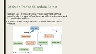 DecisionTree and Random Forest
• Decision Tree - Decision tree is a type of supervised learning
algorithm (having a pre-defined target variable) that is mostly used
in classification problems.
• It works for both categorical and continuous input and output
variables.
 