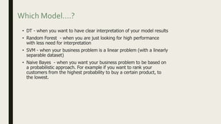 Which Model….?
• DT - when you want to have clear interpretation of your model results
• Random Forest - when you are just looking for high performance
with less need for interpretation
• SVM - when your business problem is a linear problem (with a linearly
separable dataset)
• Naive Bayes - when you want your business problem to be based on
a probabilistic approach. For example if you want to rank your
customers from the highest probability to buy a certain product, to
the lowest.
 