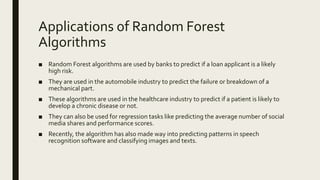 Applications of Random Forest
Algorithms
■ Random Forest algorithms are used by banks to predict if a loan applicant is a likely
high risk.
■ They are used in the automobile industry to predict the failure or breakdown of a
mechanical part.
■ These algorithms are used in the healthcare industry to predict if a patient is likely to
develop a chronic disease or not.
■ They can also be used for regression tasks like predicting the average number of social
media shares and performance scores.
■ Recently, the algorithm has also made way into predicting patterns in speech
recognition software and classifying images and texts.
 
