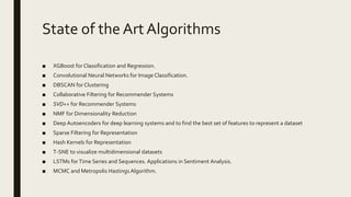 State of the Art Algorithms
■ XGBoost for Classification and Regression.
■ Convolutional Neural Networks for Image Classification.
■ DBSCAN for Clustering
■ Collaborative Filtering for Recommender Systems
■ SVD++ for Recommender Systems
■ NMF for Dimensionality Reduction
■ Deep Autoencoders for deep learning systems and to find the best set of features to represent a dataset
■ Sparse Filtering for Representation
■ Hash Kernels for Representation
■ T-SNE to visualize multidimensional datasets
■ LSTMs forTime Series and Sequences. Applications in Sentiment Analysis.
■ MCMC and Metropolis Hastings Algorithm.
 