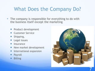  The company is responsible for everything to do with
the business itself except the marketing
 Product development
 Customer Service
 Shipping,
 Legal issues
 Insurance
 New market development
 International expansion
 Payroll
 Billing
What Does the Company Do?
7
 